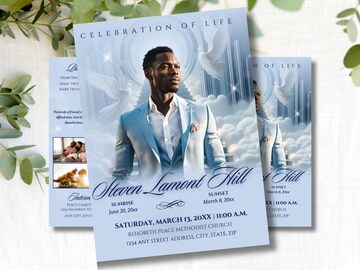 4-Page | 8.5x11 Bi-fold Funeral Program Book Design | Light Blue Clouds | Obituary Book| Memorial Keepsake | Canva Template