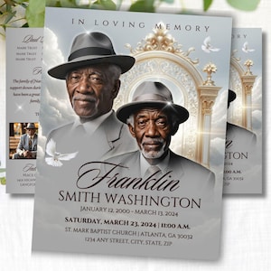 May include: Memorial card featuring a portrait of an older Black man in a fedora. The card includes the text "In Loving Memory" and the name "Franklin Smith Washington" with dates and service information. The design incorporates doves and an ornate architectural element.
