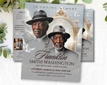 May include: Memorial card with a portrait of an older Black man in a fedora. The card includes the text "In Loving Memory" and the name "Franklin Smith Washington" with dates and service information. The design incorporates doves and an ornate architectural element.