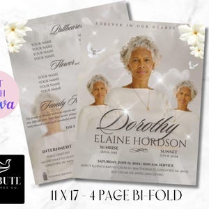 Puede incluir: Una plantilla de programa de funeral blanco y gris de doble pliegue con una foto de una mujer y el texto "Dorothy Elaine Hordson" en negro. El programa incluye las fechas de su nacimiento y muerte, la fecha y hora del servicio fúnebre, y el nombre de la iglesia donde se llevará a cabo el servicio. El programa también incluye el texto "Forever in Our Hearts" y un diseño floral.