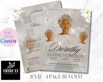 May include: A white and gray bi-fold funeral program template with a photo of a woman and the text "Dorothy Elaine Hordson" in black. The program includes the dates of her birth and death, the date and time of the funeral service, and the name of the church where the service will be held. The program also includes the text "Forever in Our Hearts" and a floral design.