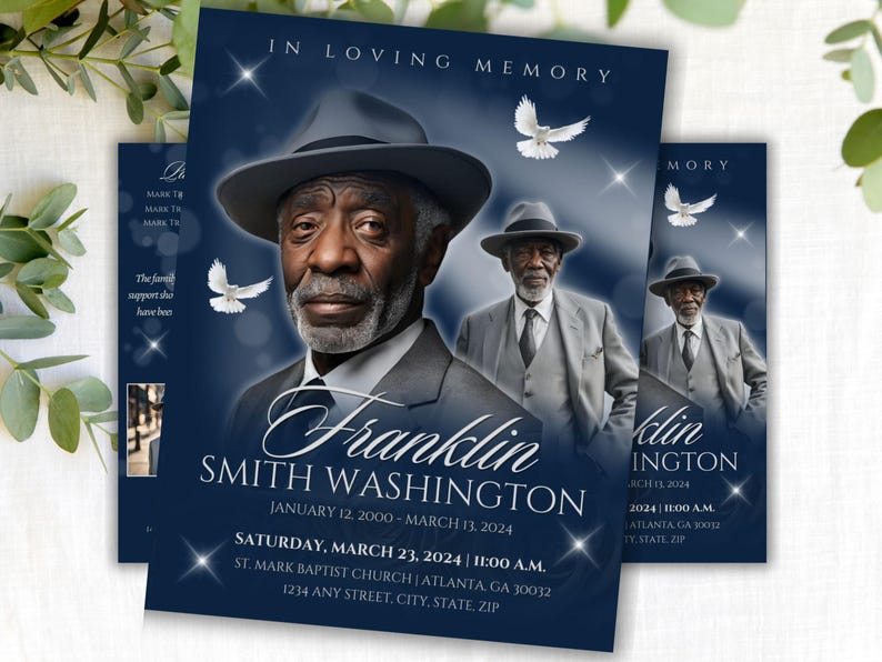 Editable Canva Funeral Program Template | Navy Rose | 4-Page 11X17 Bi-fold | Memorial Keepsake | Rest in Peace | Canva Template | #081