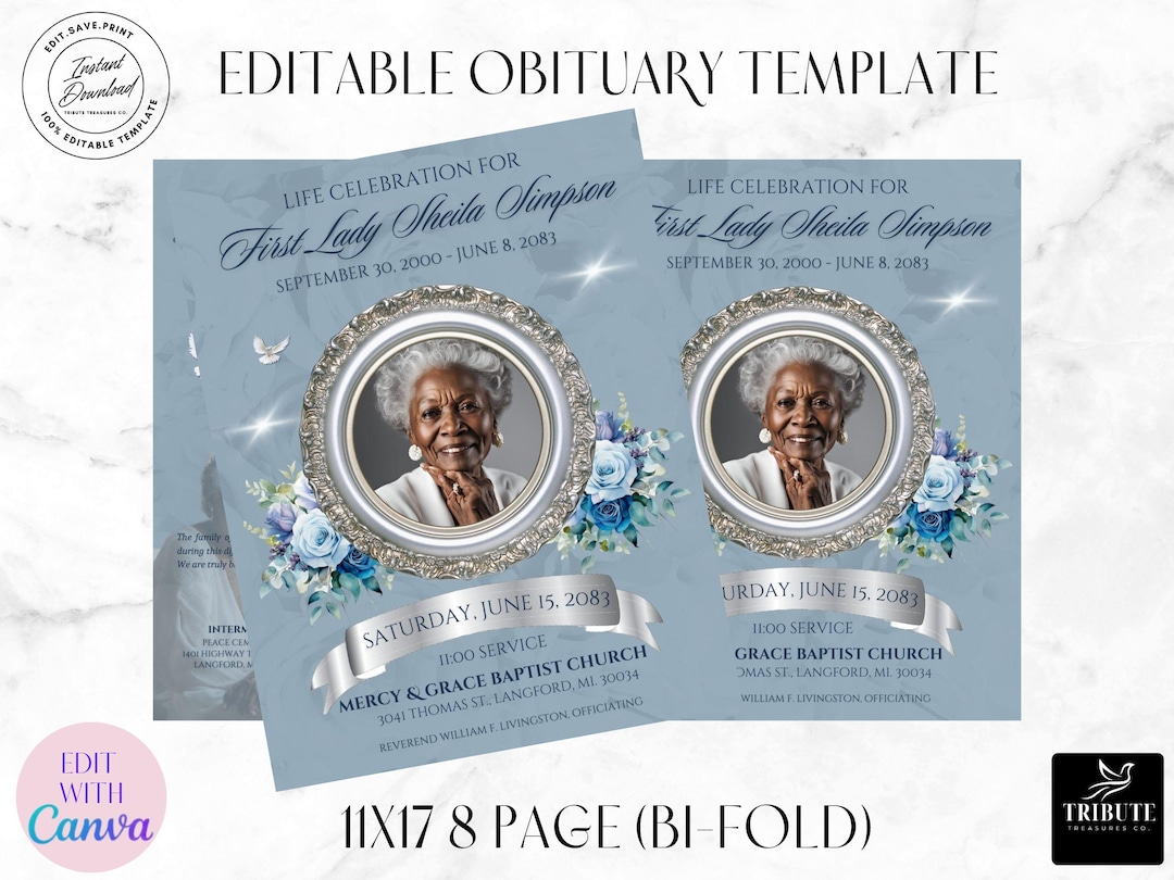 Blue Rose Funeral Program Template: 8-page Bi-fold (canva Editable) - Etsy