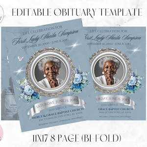 Modello di programma funebre Canva modificabile, 8 pagine / 8,5"x11" pieghevole / Rosa blu / Ricordo commemorativo / Riposa in pace / Modello Canva