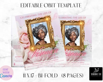 8 pages | Design du livre du programme des funérailles 8,5 x 11 pouces | Inspiré de la rose rose | Nécrologie| Souvenir commémoratif | Modèle de toile