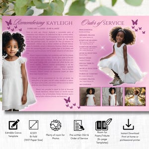 4-Page | 8.5x11 Bi-fold Funeral Program BOOKLET | Youth Pink and Purple | Obituary Book| Memorial Keepsake | Canva Template | #079