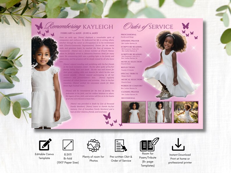 4-Page | 8.5x11 Bi-fold Funeral Program BOOKLET | Youth Pink and Purple | Obituary Book| Memorial Keepsake | Canva Template | #079