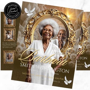 Può includere: Un annuncio di servizio commemorativo per Barbara Smith Washington. L'annuncio presenta una foto di Barbara in una cornice dorata su sfondo bianco. Il testo include la data e l'ora del servizio, nonché la posizione. L'annuncio è decorato con colombe bianche e rose.