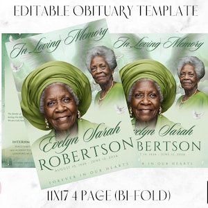 4-Page | 8.5&quot;x11&quot; Bi-fold | Editable Canva Funeral Program Template | Green and Gold | Memorial Keepsake | Rest in Peace | Canva Template