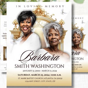 12-page | 8.5"x11" Bi-fold Booklet | Obituary Template | Funeral Program | White and Gold Heavenly Gates | Memorial Program | Canva Template