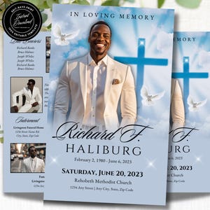 May include: A blue and white funeral program with a photo of a man in a white suit. The program includes the text "In Loving Memory", "Richard F. Haliburg", "February 2, 1980 - June 6, 2023", "Saturday, June 20, 2023", "Rehobeth Methodist Church", and "1234 Any Street | Any City, State, Zip Code".
