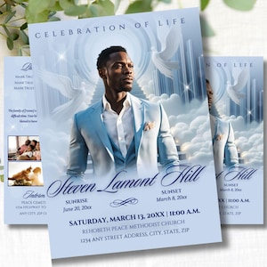4-Page | 5.5&quot;x8.5&quot; Bi-fold Funeral Program Book Design | Light Blue Clouds | Obituary Book| Memorial Keepsake | Canva Template