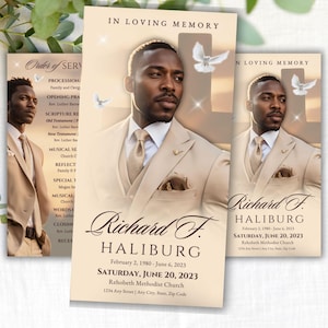 May include: A beige and brown funeral program with a photo of a man in a suit. The program includes the name "Richard F. Haliburg", the dates "February 2, 1980 - June 6, 2023", and the text "Saturday, June 20, 2023" and "Rehobeth Methodist Church".