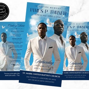 May include: A funeral program template with a blue and white color scheme. The program features a photo of a man in a white suit and the text "In Loving Memory James P. Turner June 10, 1972 - April 17, 2024". The program also includes the order of service for the funeral.