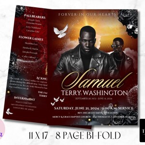 May include: A red and gold bi-fold funeral programme with a black and white photograph of Samuel Terry Washington. The programme includes the dates September 10, 1972 - June 18, 2024, and the text "Forever in Our Hearts".