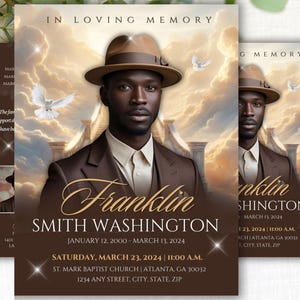 May include: A memorial announcement featuring a portrait of a man in a brown suit and hat, with the text "In Loving Memory" at the top. The announcement includes the name "Franklin Smith Washington" and dates, with details for a memorial service.