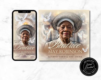 May include: A digital memorial card template with a photo of a woman wearing a hat and a white dove. The text reads "In loving memory of Beatrice May Robinson" and includes the date and time of the memorial service. The card is designed in a light brown and gold color scheme.