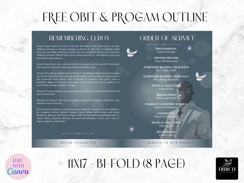 Blue Silver Clouds Funeral Program Template: 11x17 Bi-fold (canva ...