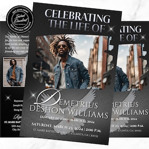 8-Page | 5.5&quot;x8.5&quot; Bi-fold Funeral Program Book Design | Black Modern | Obituary Book | Memorial Keepsake | Canva Template