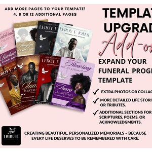 May include: A pink and white flyer with the text "Template Upgrade Add-on" in black. The flyer advertises additional pages for funeral program templates. The flyer shows examples of funeral program templates with photos of people.