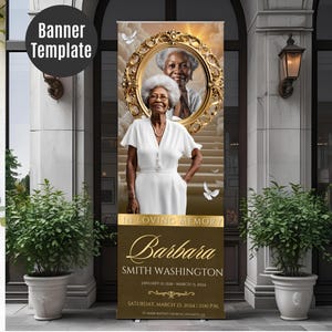 May include: A memorial banner featuring a portrait of an elderly woman in a gold frame, with a second image of her in the background. The banner includes the text "In Loving Memory" and the name "Barbara Smith Washington" with dates and event details.