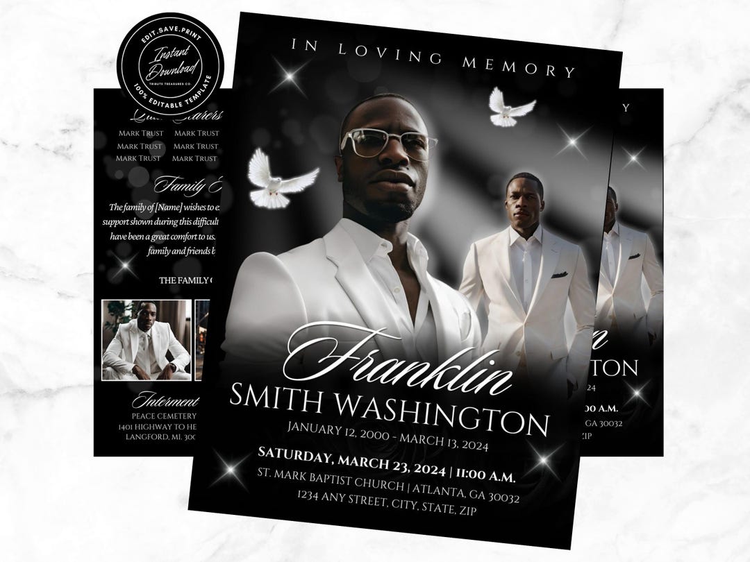 Black & White Funeral Program Template: Editable Canva Booklet (digital