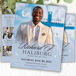 Blue Clouds Funeral Program Template: Obituary Memorial (Canva Template)
