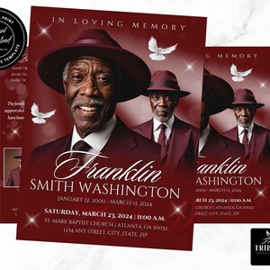 Könnte beinhalten: Eine weinrote Traueranzeige mit einem Foto eines Mannes im Anzug und einer weißen Taube. Der Text lautet "In liebevoller Erinnerung" und enthält den Namen "Franklin Smith Washington" sowie die Daten "12. Januar 2000 - 13. März 2024". Die Anzeige enthält auch Datum und Uhrzeit der Trauerfeier, den Namen der Kirche und die Adresse.