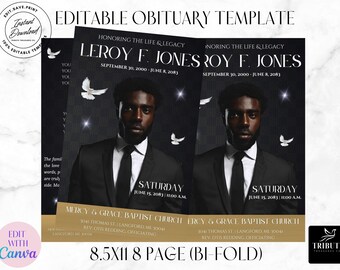 Gold & Black Funeral Program Template: 8-Page Obituary Book (Canva Template)