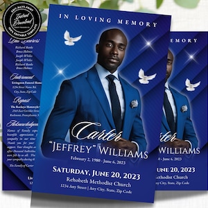 Puede incluir: Tarjeta conmemorativa azul con foto de hombre en traje azul, texto "IN LOVING MEMORY" y nombre "Carter 'JEFFREY' WILLIAMS". Incluye fechas, detalles del evento y gráficos de palomas.