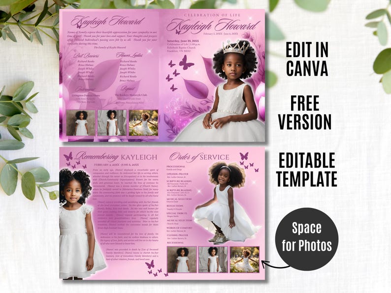4-Page | 8.5x11 Bi-fold Funeral Program BOOKLET | Youth Pink and Purple | Obituary Book| Memorial Keepsake | Canva Template | #079