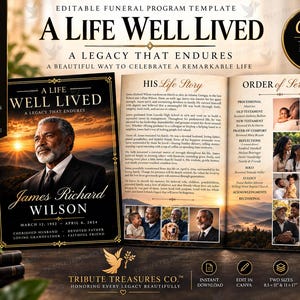 Puede incluir: Una plantilla editable de programa funerario titulada A Life Well Lived, A Legacy That Endures. El diseño presenta el retrato de un hombre, campos de texto para una biografía, el orden del servicio y collages de fotos en 21,6 x 27,9 cm.