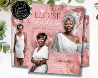 8 pages | 8,5 x 11 po. plié en deux | Célébrez la vie avec un modèle de nécrologie rose rose élégant | Modèle personnalisable sur toile pour souvenir du programme des funérailles