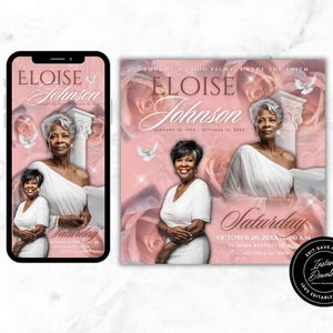 Modelo de anúncio de funeral personalizável Canva editável download instantâneo convite para serviço memorial diamante rosa e pérolas