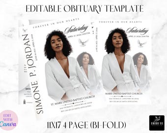 Modern White Funeral Program Template: 4-Page Canva Design (Digital Download)