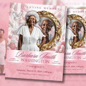 May include: A memorial announcement with a pink and gold color scheme. The design features a portrait of an older woman, doves, and floral accents. The text reads "In Loving Memory" and includes the name "Barbara Smith Washington" and event details.