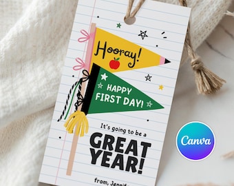Happy First Day Of School Gift Tags Printable Back To School Tag Template Canva