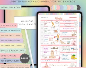 All In One Digital Planner Undated iPad & Android Planner Goodnotes Planner Digital Calendar Daily Weekly Monthly Journal Notability Planner