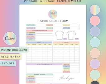Tshirt Order Form Editable Template T-Shirt Order Form Template T Shirt Order Form Custom Order Form Small Business Form Purchase Order Form