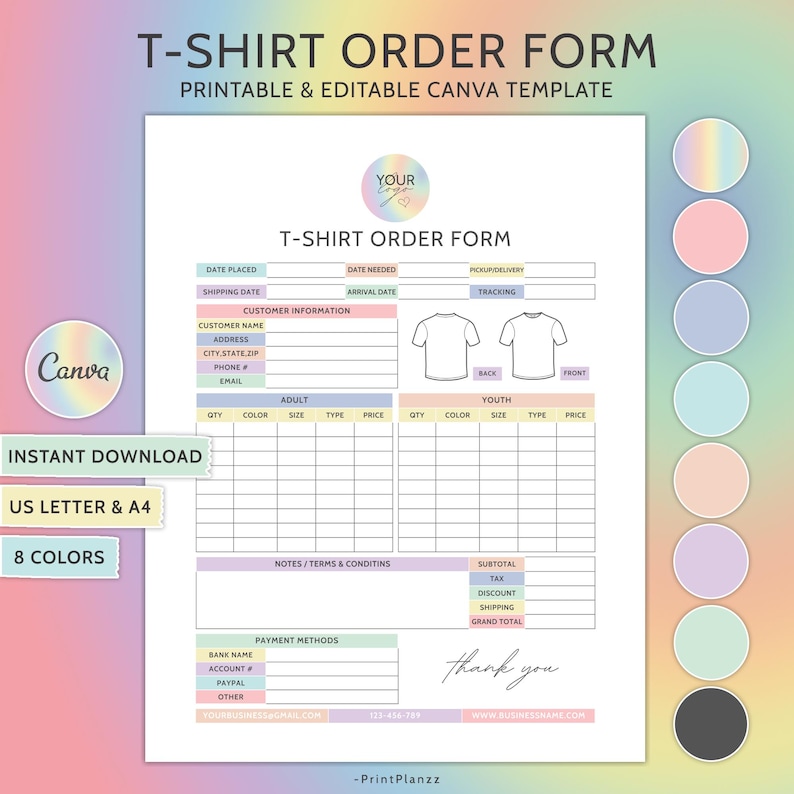 Tshirt Order Form Editable Template T-Shirt Order Form Template T Shirt Order Form Custom Order Form Small Business Form Purchase Order Form