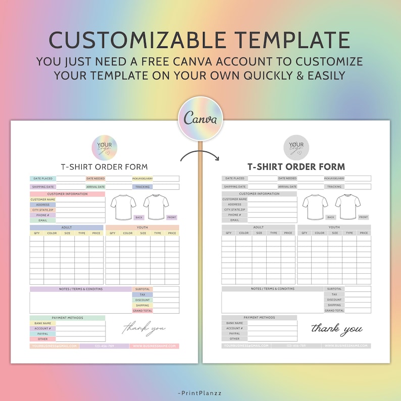 Tshirt Order Form Editable Template T-Shirt Order Form Template T Shirt Order Form Custom Order Form Small Business Form Purchase Order Form