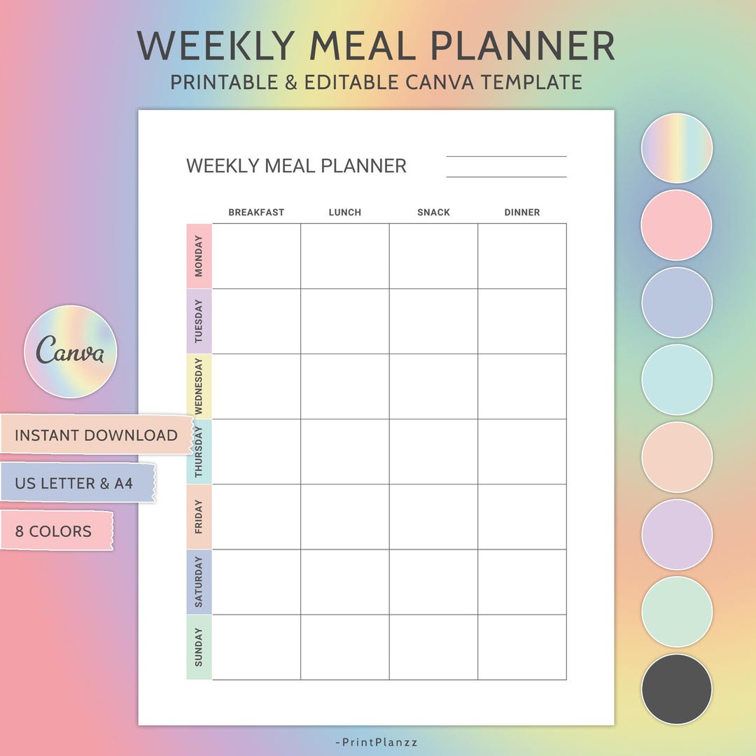 Meal Planner Printable Canva Editable Weekly Meal Planner Template ...