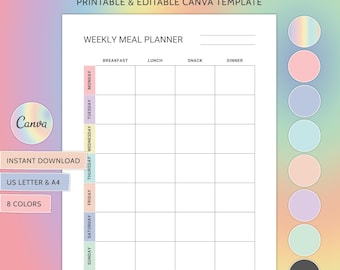 Planificador de comidas imprimible Canva Plantilla de planificador de comidas semanal editable Diario de comidas semanal Seguimiento de comidas Diario de comidas Plan y preparación de 7 días Salud