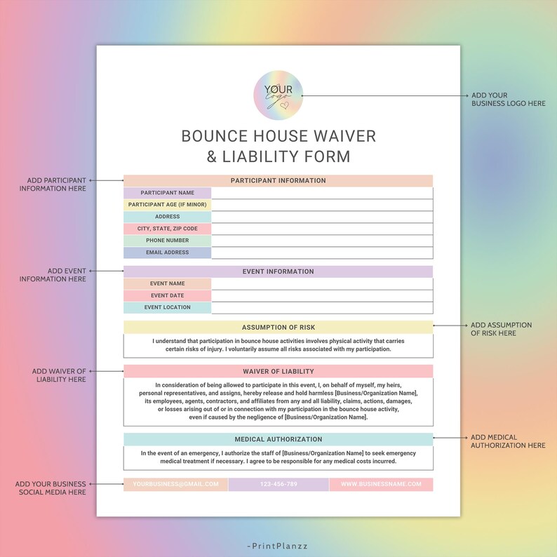 Bounce House Liability Waiver Form Template Bounce House Rental Agreement Contract Liability Release Form Bounce House Business Forms Canva
