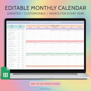 Foglio di calcolo del calendario mensile Calendario mensile modificabile Foglio di calcolo Google Calendario non datato Elenco attività Planner digitali personalizzabili Calendario vuoto