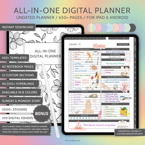 May include: A digital planner app mockup with a floral design on the cover. The app features a daily planner, weekly planner, monthly planner, and more. The app is available in 8 colors and includes 3,000 stickers and 100 digital covers. The app is compatible with Goodnotes, Notability, and other annotation apps.