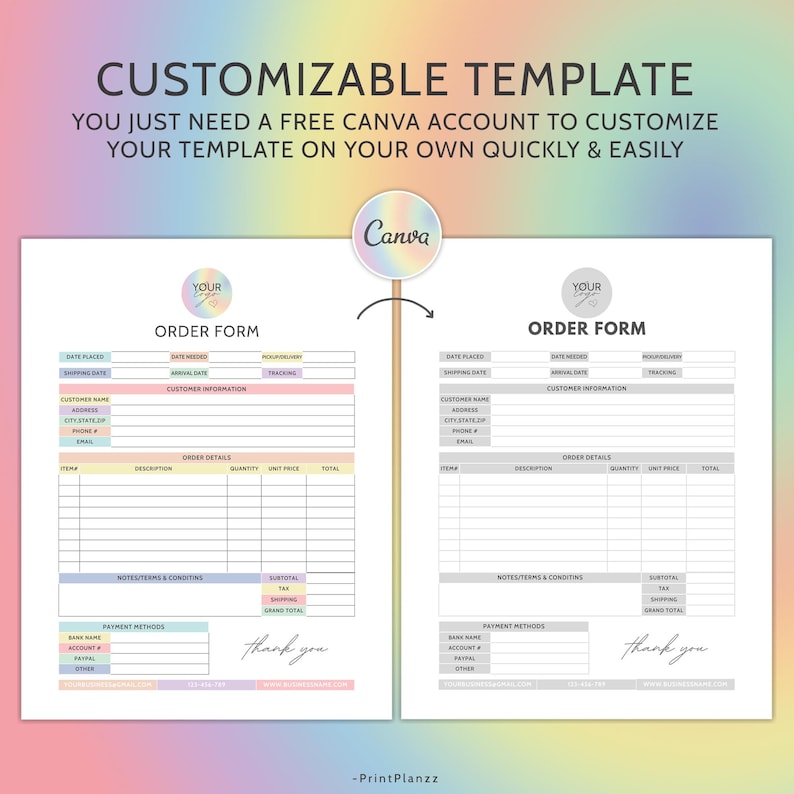 Order Form Template Editable Small Business Order Form Customer Order ...