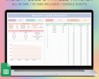 Rastreador de pérdida de peso y actividad física Hojas de cálculo de Google Rastreador de calorías Planificador de comidas Lista de compras Rastreador de hábitos Planificador de entrenamiento Calendario de entrenamiento