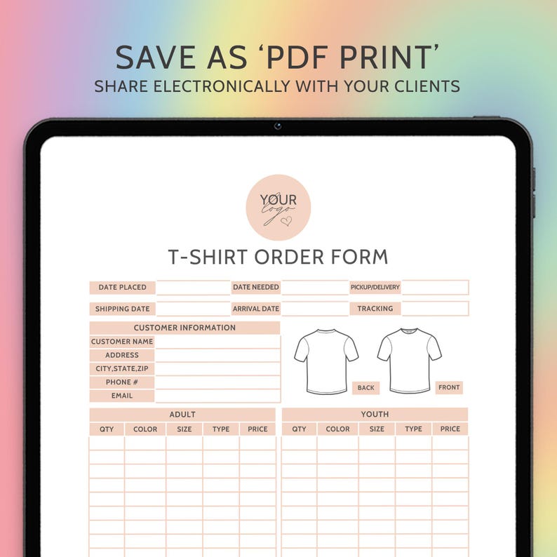 Tshirt Order Form Editable Template T-Shirt Order Form Template T Shirt Order Form Custom Order Form Small Business Form Purchase Order Form