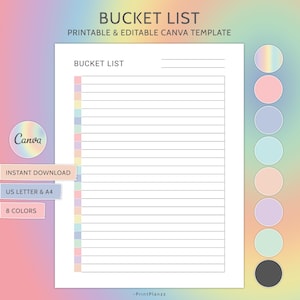 Peut inclure: Modèle de liste de seaux imprimable dans Canva. Le modèle a un schéma de couleurs arc-en-ciel pastel avec 8 couleurs. Le modèle est conçu pour les formats de papier US Letter et A4.